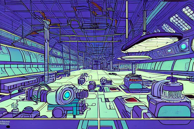 Image similar to a scifi illustration, robot factory interior. top down view. flat colors, limited palette in FANTASTIC PLANET La planète sauvage animation by René Laloux