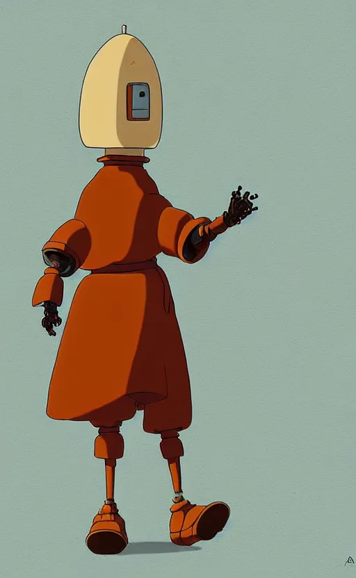 Image similar to a study of cell shaded cartoon of an orange robot monk from howl's moving castle ( 2 0 0 4 ) on a desert road, full body, wide shot, very muted colors, post grunge, studio ghibli, laurie greasley, highly detailed, deviantart, art by artgem