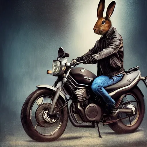 Prompt: a bunny wearing a leather jacket, riding a suzuki dr 6 0 0 motorcycle, highly detailed, digital painting, artstation, concept art, matte, sharp focus, highly detailed, 4 k, hdr, smooth, sharp focus, high resolution, award - winning photo, photorealistic, art by artgerm and greg rutkowski and alphonse mucha, large shot