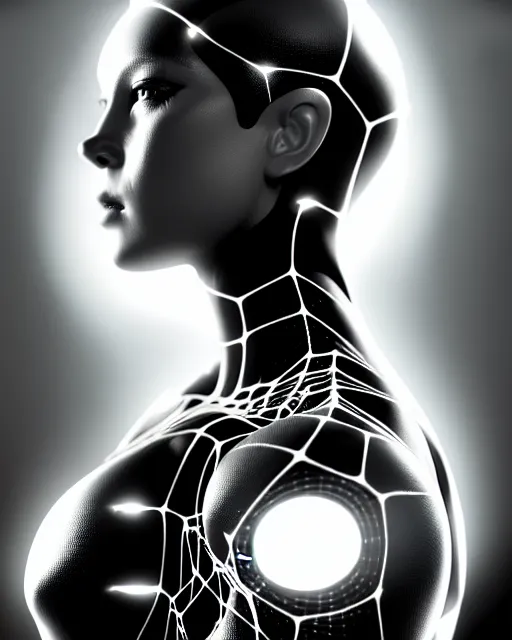 Image similar to black and white cyborg goddess high quality portrait, artificial intelligence, bio-mechanical bio-luminescence, artificial spider web, neurons, nerve cells, octane render, cinematic, hyper realism, high detail, 8k, in the style of Steven Meisel