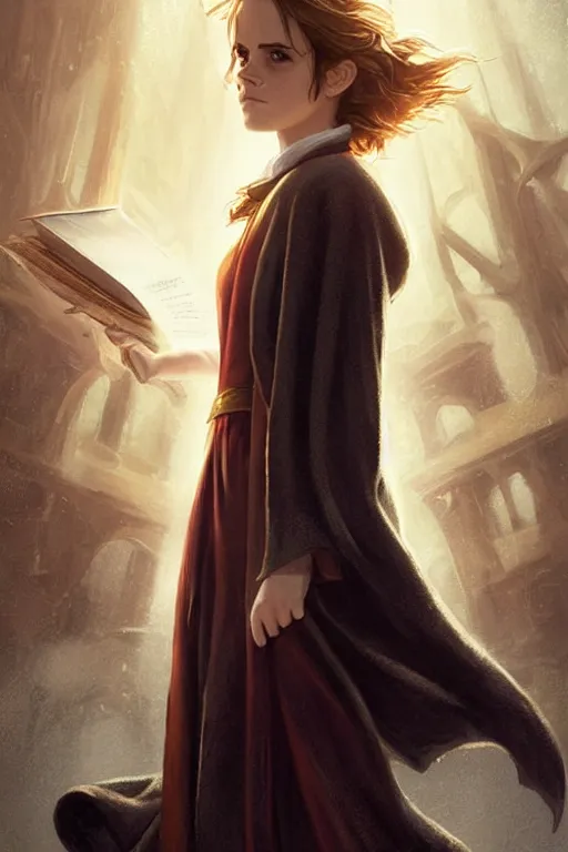 Image similar to Poster artwork, Emma Watson as Hermione Granger, wearing hogwarts!!! robes!!!, magnificent, close up, details, sharp focus, elegant, highly detailed, illustration, by Jordan Grimmer and greg rutkowski and PiNe(パイネ) and 薯子Imoko and 香川悠作 and wlop!!!! and maya takamura, intricate, beautiful, sunset!!!, Trending artstation, pixiv, digital Art