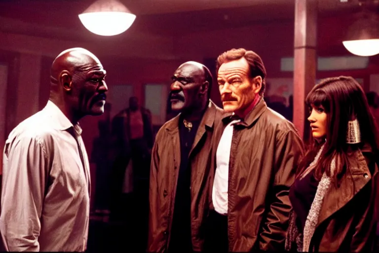 Prompt: film still of bryan cranston and kesha and delroy lindo in cosmic horror! the musical by david cronenberg, budapest street background, 3 5 mm film, atmospheric, ultra fine detail, film grain, photorealistic, hyperrealistic