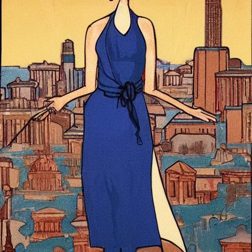 Prompt: A beautiful performance art of a young woman with big blue eyes. She has long lashes and a small mouth. Her hair is pulled back in a bun with a few stray hairs falling down. She's wearing a white dress with a blue sash and a blue scarf around her neck. In the background is a cityscape with tall buildings. Ancient Roman, jet black by J.M.W. Turner, by Otto Dix colorful