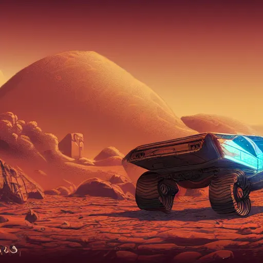 Image similar to rover exploring ancient ruins in mars, retrowave epic art, trending on art station