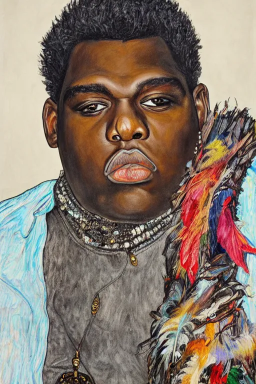 Prompt: full body!! a portrait of biggie smalls aka notorious b. i. g. wearing boho - chic style clothes, with a fur muffler and feathers, realistic painting in egon schiele style, masterpiece, hyperdetailed, complex, intricate, 4 k, hyperrealistic, trending on artstation