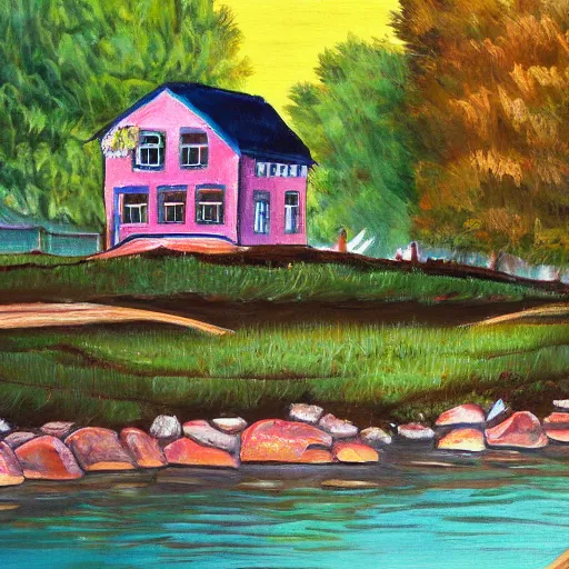 Prompt: a painting of a house next to a river