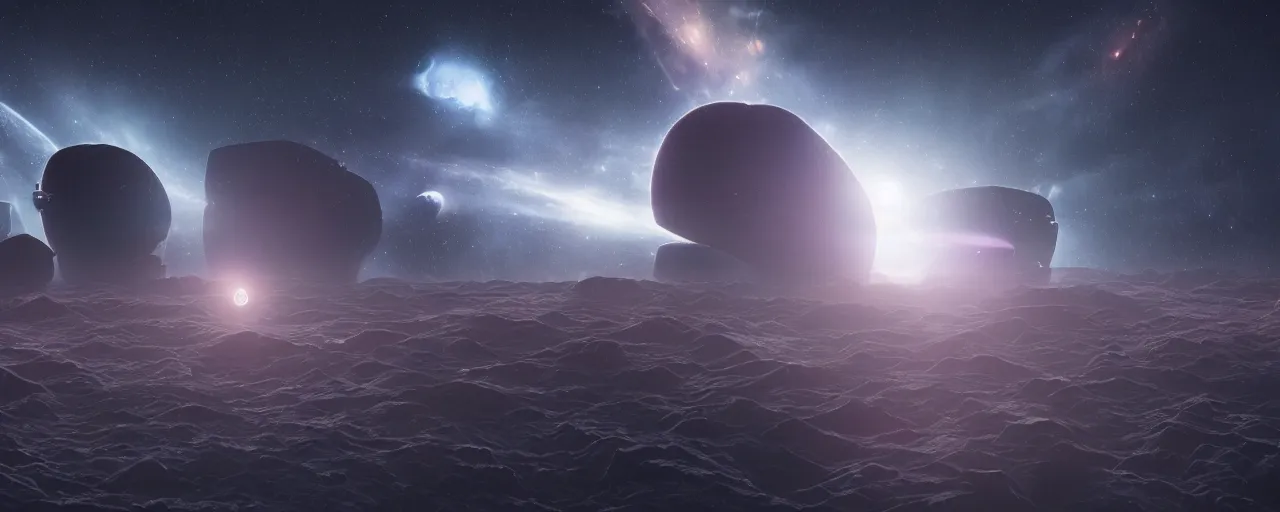 Image similar to movie still, galactic horizon with angular minimalist obsidian monoliths floating in space, cell automata, unreal engine, octane render, detailed and intricate, cloudy, global illumination, volumetric lighting, hubble telescope images, james webb telescope images, detailed and intricate environment, color graded