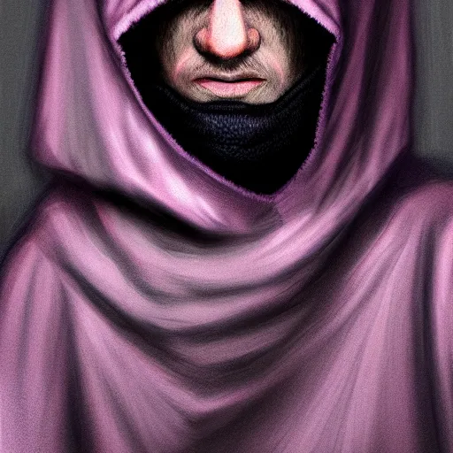 Image similar to ultra realistic illustration, man in a black hood, in a striped purple balaclava, mysterious, highly detailed, digital painting, artstation, concept art, smooth, sharp focus, illustration