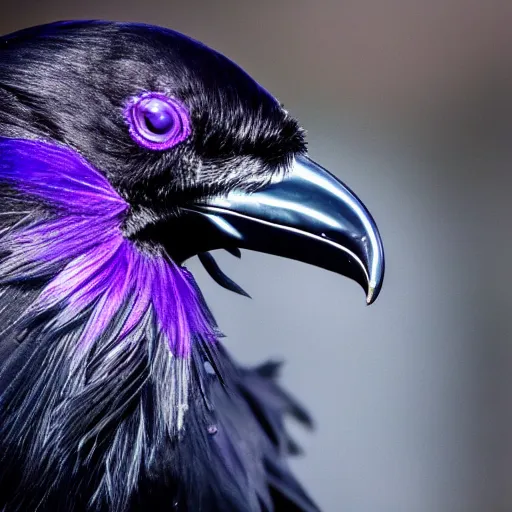 Prompt: up close photo of a raven judging you. iridescent feathers. purple iridescence.