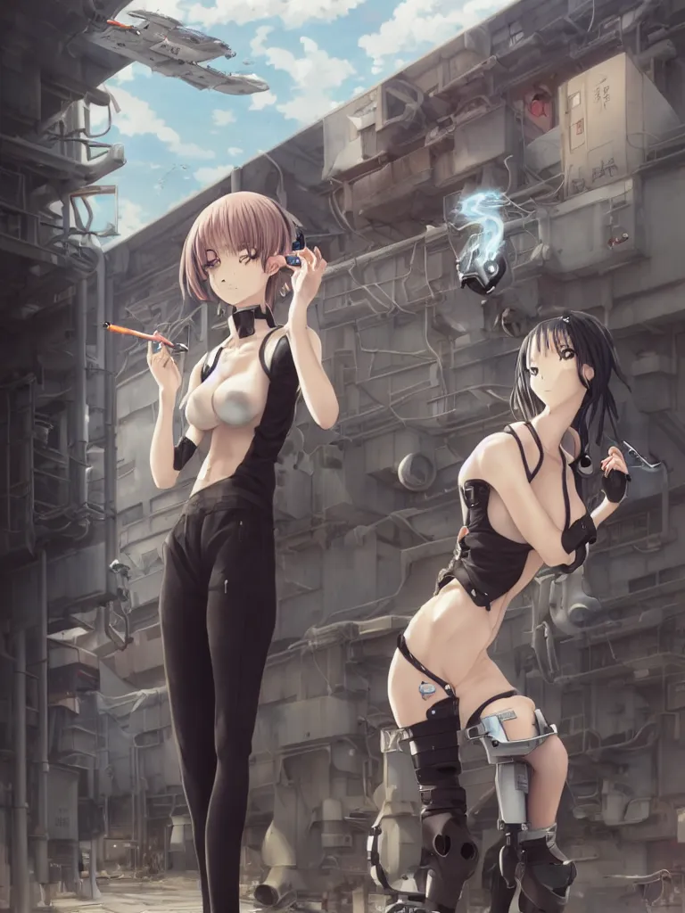 Image similar to Portrait of an anime woman smoking a cigarette, standing in front of a cyborg repair shop, intricate school uniform, whole body, feminine figure, smooth skin, gorgeous, pretty face, beautiful fashion model body, high detail, hyper realistic, while a lone futuristic military cargo ship flies overhead, by Greg Rutkowski and Krenz Cushart and Pan_Ren_Wei and Hongkun_st and Bo Chen and Enze Fu and WLOP and Madhouse Inc., anime style, crepuscular rays, set in rainy futuristic cyberpunk Tokyo street, dapped light, dark fantasy, cgsociety, trending on artstation