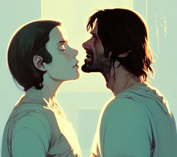 Image similar to portrait of aragorn kissing arven by atey ghailan, by greg rutkowski, by greg tocchini, by james gilleard, by joe fenton, by kaethe butcher, dynamic lighting, gradient light blue, brown, blonde cream and white color scheme, grunge aesthetic