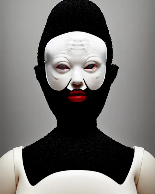 Image similar to symmetrical portrait of an albino woman wearing a silicone diamond studded red beauty mask and white hair buns, wearing a black bodysuit by alexander mcqueen, cream white background, soft diffused light, biotechnology, humanoid robot, bjork aesthetic, translucent, by rineke dijkstra, intricate details, highly detailed, masterpiece,