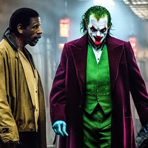 Prompt: film still of Denzel Washington, Denzel Washington, Denzel Washington as joker in the new Joker movie