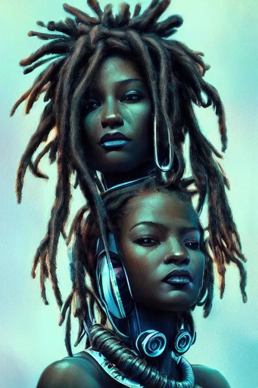 Image similar to ultra realistic illustration, closeup studio photo, black woman with dreads, hacknaut cyberpunk, sci - fi, fantasy, intricate, elegant, highly detailed, digital painting, artstation, concept art, smooth, sharp focus, illustration, art by artgerm and greg rutkowski and alphonse mucha