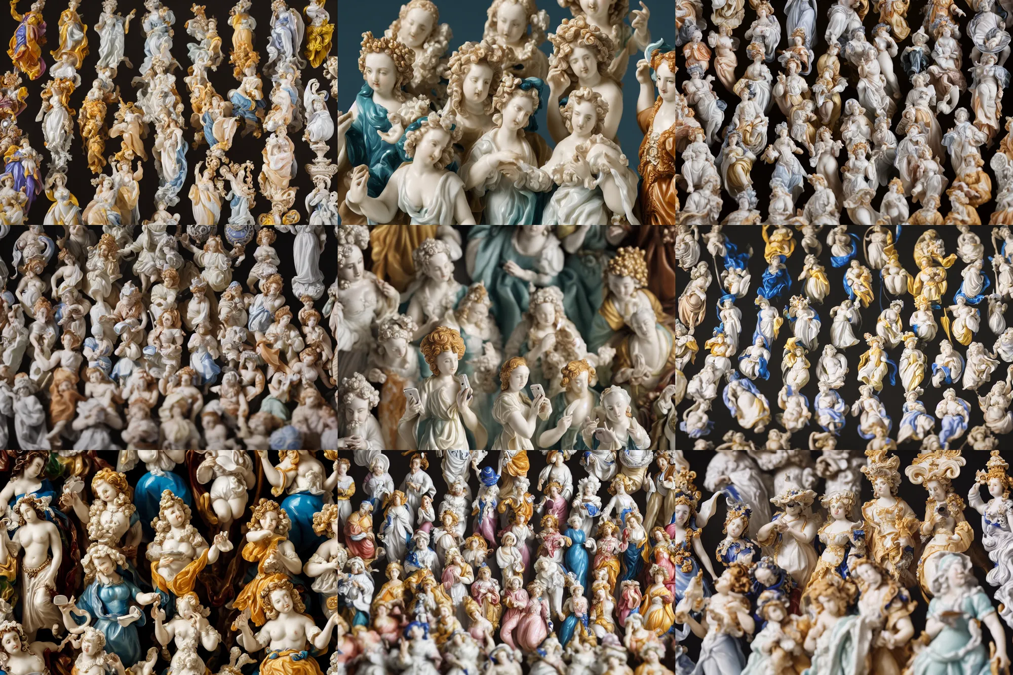 Prompt: A close up photo of vivid porcelain composition of diverse baroque figurines staring down at their iphones, Tamron SP 90mm F/2.8 Di VC USD Macro