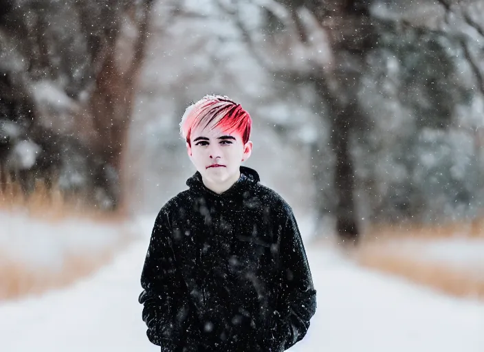 Image similar to dslr photo portrait of a boy, with colored dread hair in snow, sunrise, 8 k, 8 5 mm f 1. 4