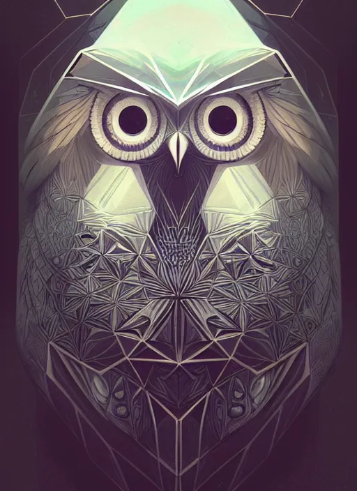 Image similar to portrait of a geometric owl, identical eyes, medium shot, illustration, full body made of white feathers, symmetrical, art stand, super detailed, cinematic lighting, and its detailed and intricate, gorgeous, by peter mohrbacher