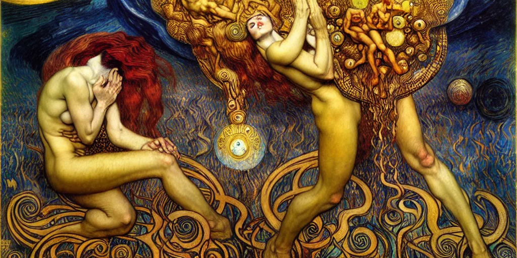 Image similar to Divine Chaos Engine by Karol Bak, Jean Delville, William Blake, Gustav Klimt, and Vincent Van Gogh, symbolist, visionary