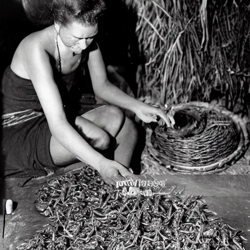 Image similar to a maori woman prepares weta bugs for eating outside her whare in the 1 9 4 0's.