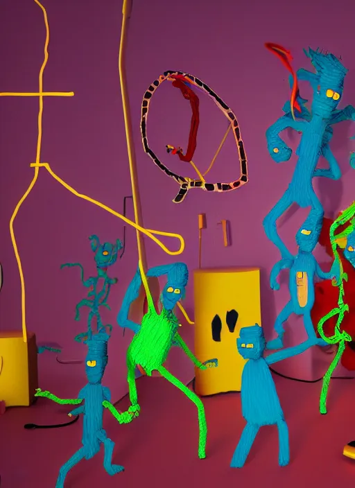 Image similar to house party full of large dancing monsters made out of 3D pipecleaners in the style of Jean-Michel Basquiat, 3D cinematic lighting, spotlight at a 90 DEGREE ANGLE, photorealism, octane render, depth of field, 8k, 35mm, artgem, Trending on artstation