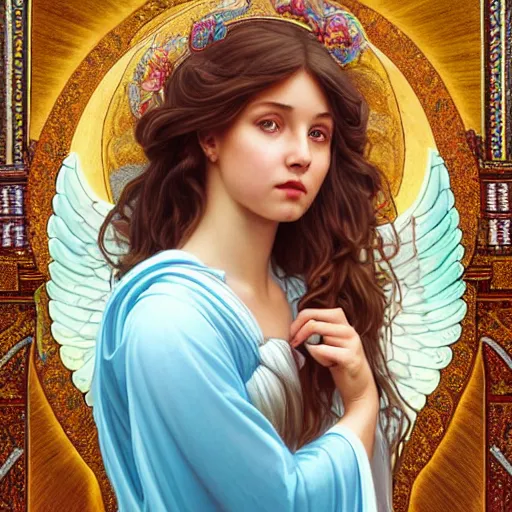 Prompt: Portrait of beautiful young female archangel girl maiden angel wearing flowing robes, long cyan hair, luminescent blue eyes, vivid colors, colorful, photorealistic, high dynamic range, HDR, intricate, elegant, highly detailed, digital painting, artstation, concept art, smooth, sharp focus, illustration, art by artgerm and greg rutkowski and alphonse mucha and andrei riabovitchev