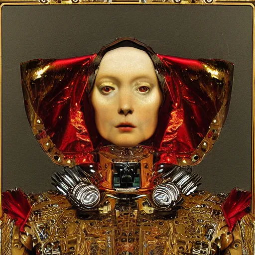 Image similar to a portrait of a shiny metallic renaissance steampunk robot, in the style of Jan van Eyck,