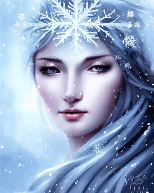 Prompt: the goddess of winter, with snowflakes on her head, icy cold, half - length head portrait, dreamy, beautiful, by wlop