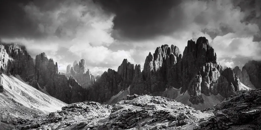 Prompt: 1920s photography expedition meets the god of the dolomites, dark, eerie