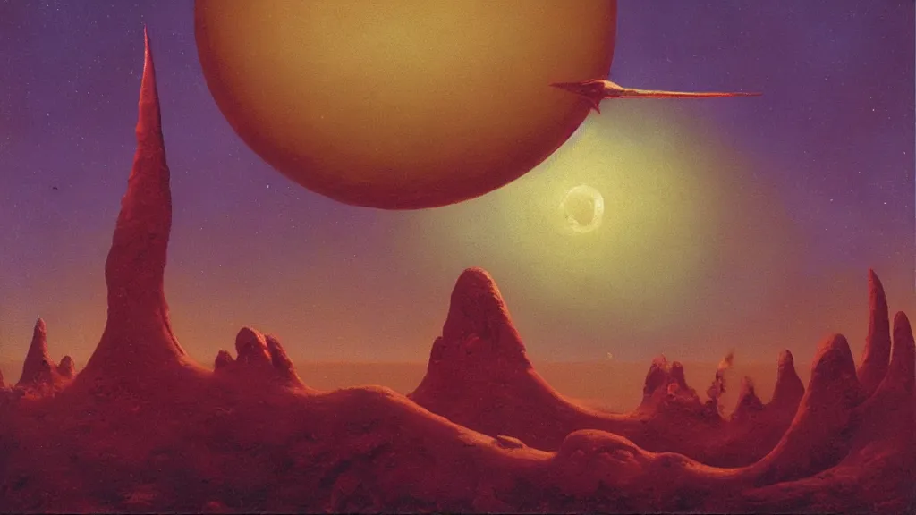 Prompt: mysterious sculpture of an alien crescent moon by paul lehr and john schoenherr, cinematic matte painting