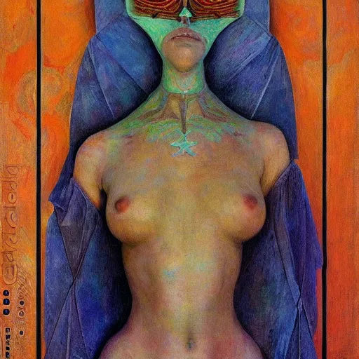 Image similar to the robot in her bird mask, by Annie Swynnerton and Diego Rivera , symbolist, dramatic lighting, elaborate geometric ornament, Art Brut, god rays, soft cool colors,smooth, sharp focus, extremely detailed, Adolf Wölfli and (Donato Giancola)