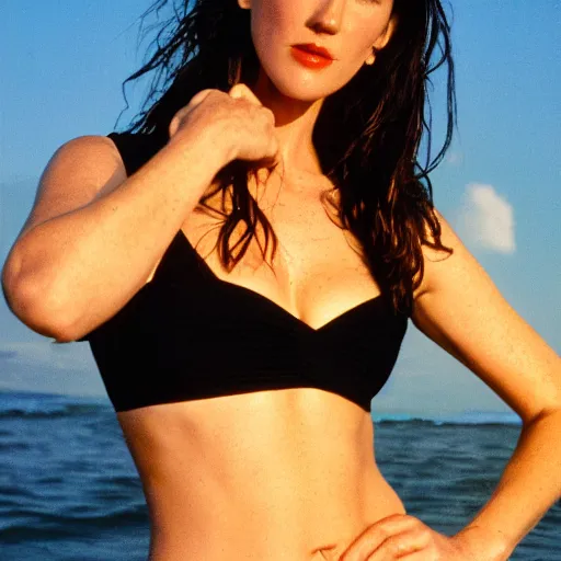 Prompt: Portrait Photography, medium closeup of young jennifer connelly poses in 2 Piece Mini Micro Push Up Swimsuits at summer beach, confident pose, fierce expression at sunset