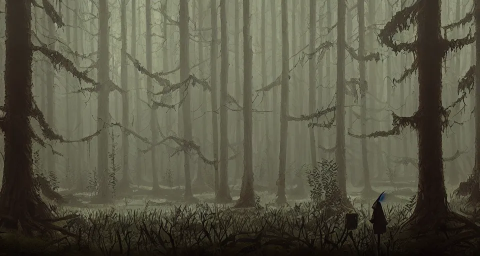 Prompt: A dense and dark enchanted forest with a swamp, by simon stalenhag