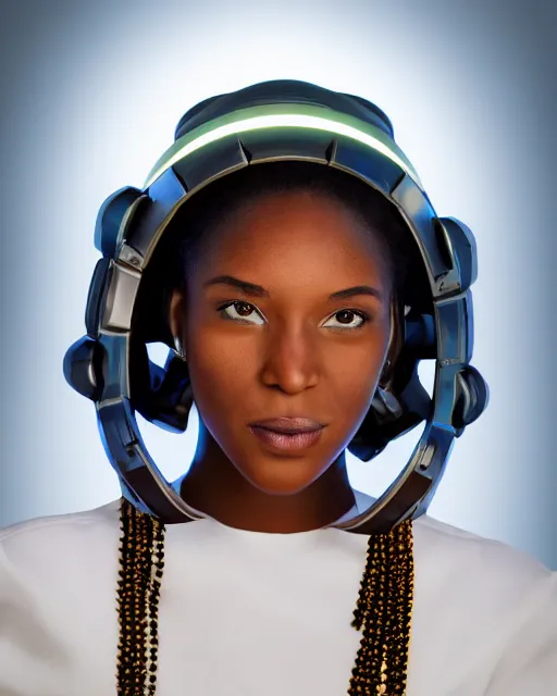 Prompt: centered medium shot fine studio photograph of a beautiful black girl wearing only a mecha futuristic electronic Maasai helmet with led lights, ultra-realistic, white background, 8k HDR sunset lit, intricate