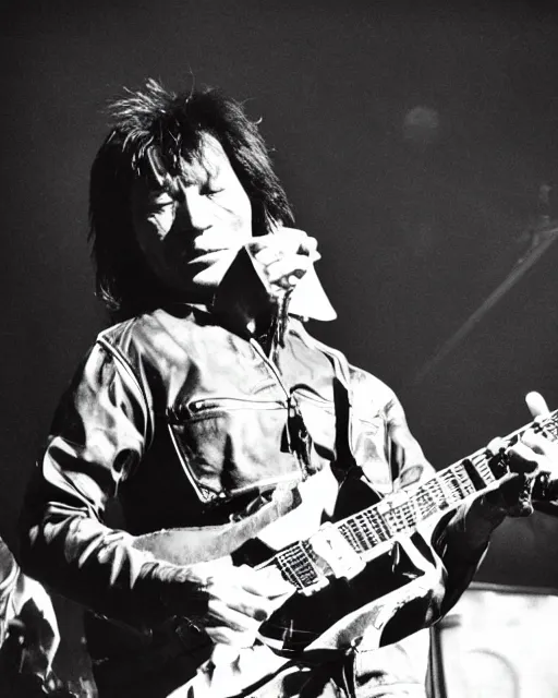 Image similar to sixty years old viktor tsoi with guitar in his hands, leather jacket, photo, microphone, rock concert, black and white, iso 9 0 0, 3 5 mm, kodak gold