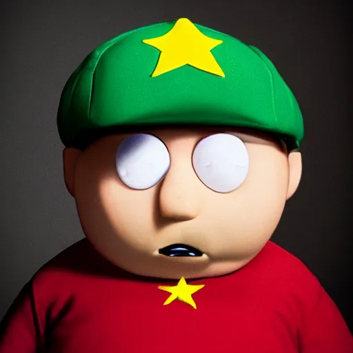 Image similar to Hyperrealistic photo of Cartman from South park, studio lighting, professional photography, cinematic