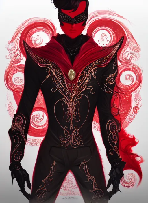 Image similar to a highly detailed illustration of short wavy haired man wearing masquerade and red and black suit, dramatic standing pose, intricate, elegant, highly detailed, centered, digital painting, artstation, concept art, smooth, sharp focus, league of legends concept art, wlop