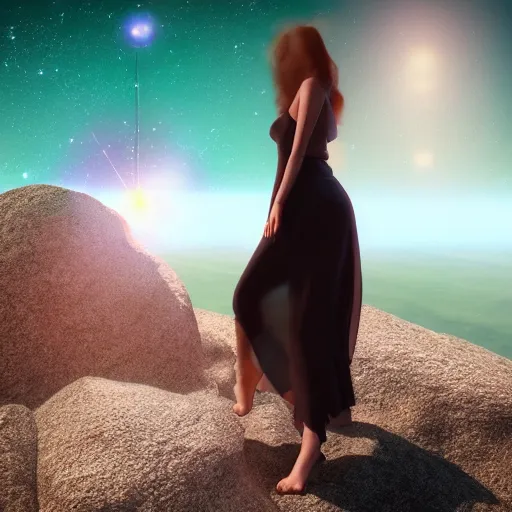 Image similar to A beautiful woman with long, flowy hair standing on a rock, witnessing two planets colliding in space. trending on artstation, artstation futurism, artstation photography, subsurface scattering, bottom view, 4k, 8k