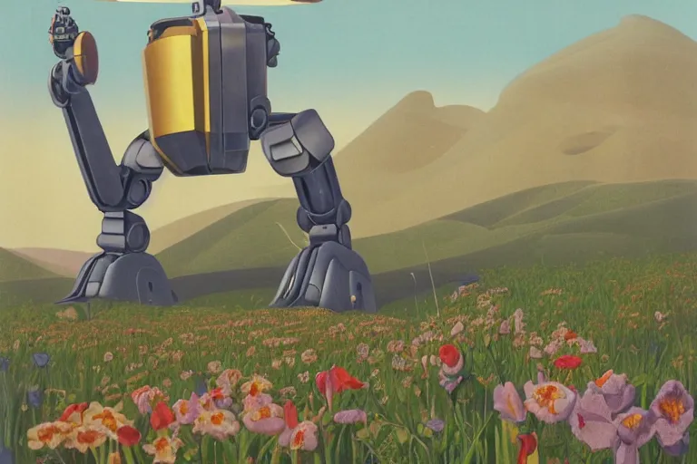 Prompt: giant mecha robot, blooming hills with spring flowers and pillars by helen lundeberg