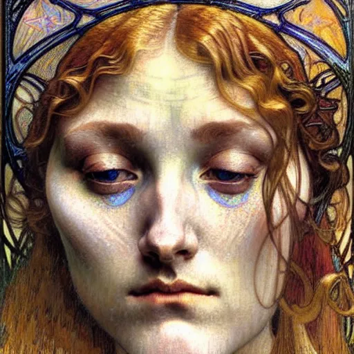 Image similar to detailed realistic beautiful young medieval queen face portrait by jean delville, alphonse mucha, vincent van gogh, and marco mazzoni, art nouveau, symbolist, visionary, gothic, pre - raphaelite