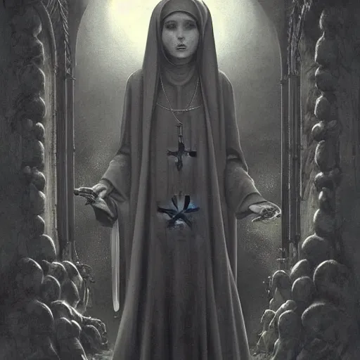 Prompt: By Tom Bagshaw, ultra realist soft painting of a gothic crypt by night, Kawai female nun and dressed, horror, omnious sky, symmetry accurate features, very intricate details, black and white, volumetric light clouds