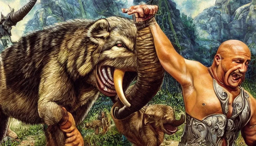 Image similar to beautiful lifelike painting of wolf from gladiator giving carla the elephant wolf power, hyperreal detailed facial features and uv lighting, art by ed roth and basil wolverton