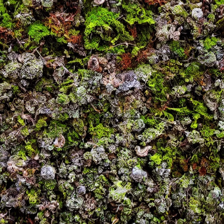 Image similar to a lichens and moss close-up various fungus, mushrooms and plants, Atmospheric phenomenon, artistic photography, muted colors, conceptual, long exposure outside the city