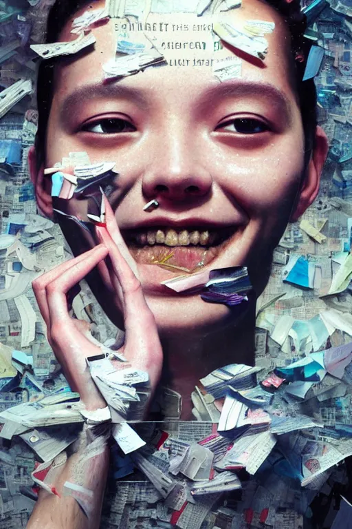 Image similar to 3 d, close - up, smiling fashion model, newspaper, tears, poster art, intricate oil painting, high detail, figurative art, multiple exposure, poster art, 3 d, by stanley kubrick and tooth wu and wlop and beeple