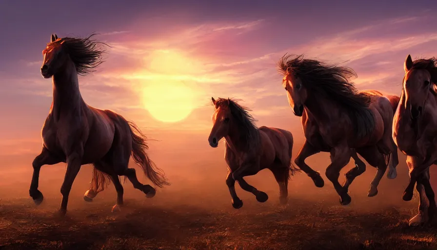 Image similar to horses running on the plain, great sunset behind, hyperdetailed, artstation, cgsociety, 8 k