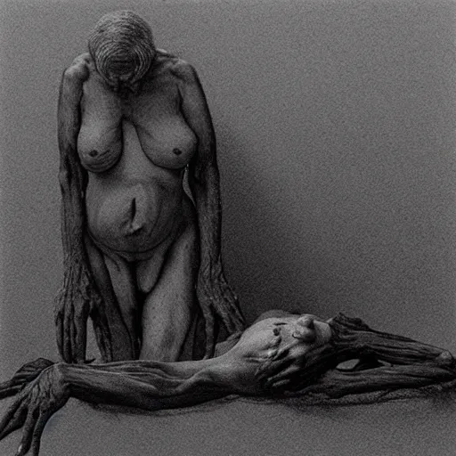 Prompt: an elderly withered woman in fetal pose by zdzisław beksinski