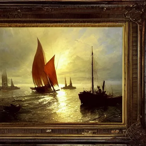 Prompt: oil painting of boat with translucent sail, backlit ship, details, decorative, art by anders zorn, wonderful masterpiece by greg rutkowski, beautiful cinematic light, american romanticism by greg manchess, creation by tyler edlin, stormclouds and harbour in distant background, foggy