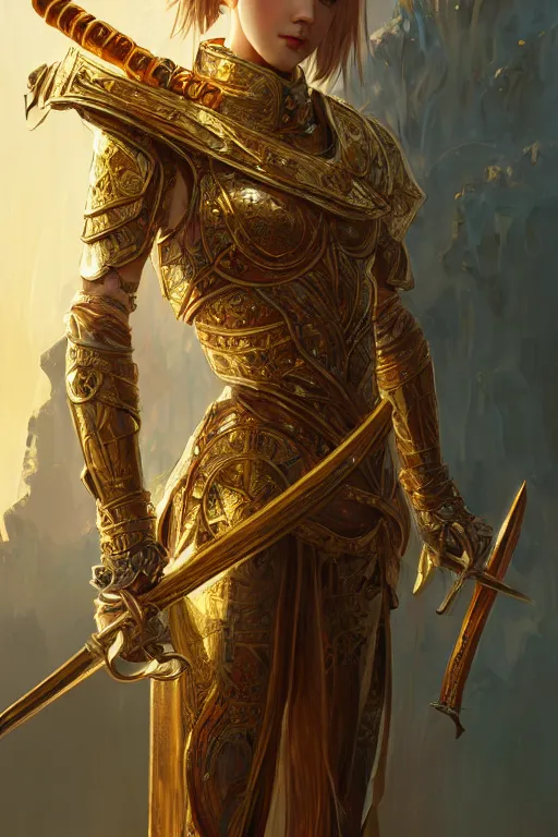 Prompt: portrait knights of zodiac girl, golden and copper shining armor, bushido katana, in ruined agora of athens sunrise, ssci - fi and fantasy, intricate and very very beautiful and elegant, highly detailed, digital painting, artstation, concept art, smooth and sharp focus, illustration, art by tian zi and wlop and alphonse mucha