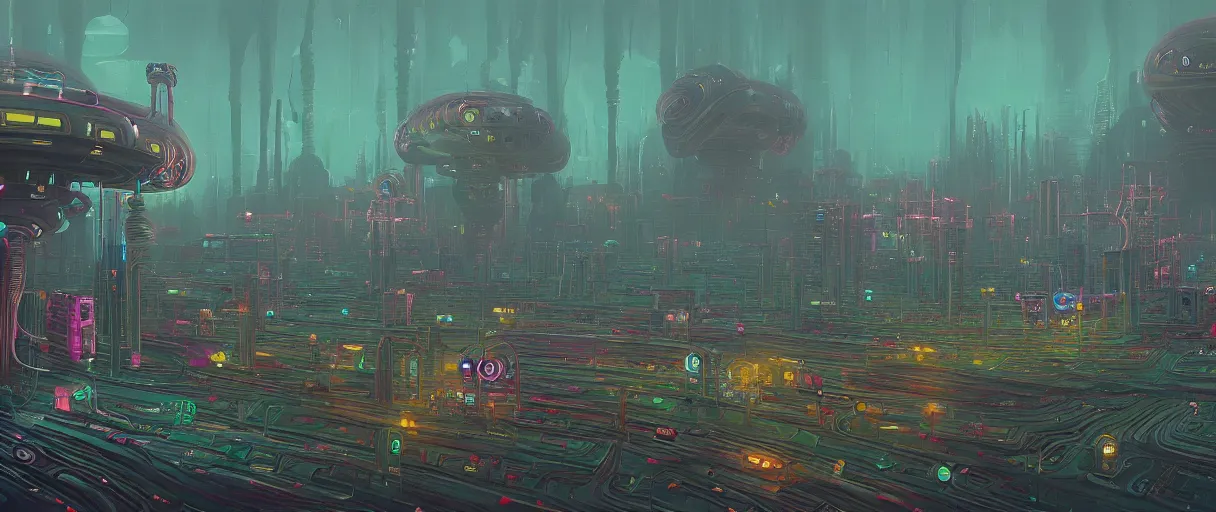 Image similar to beautiful painting of anemone city in the dreams of a mainframe in the style of Simon Stålenhag and H. R. Giger, detailed, trending on Artstation