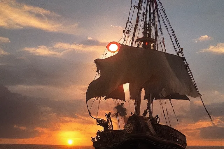 Prompt: captain jack sparrow sailing into the sunset on a pirate ship
