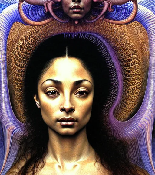 Prompt: detailed realistic beautiful young sade adu face portrait by jean delville, gustave dore and marco mazzoni, art nouveau, symbolist, visionary, baroque, intricate fractal. horizontal symmetry by zdzisław beksinski, iris van herpen, raymond swanland and alphonse mucha. highly detailed, hyper - real, beautiful